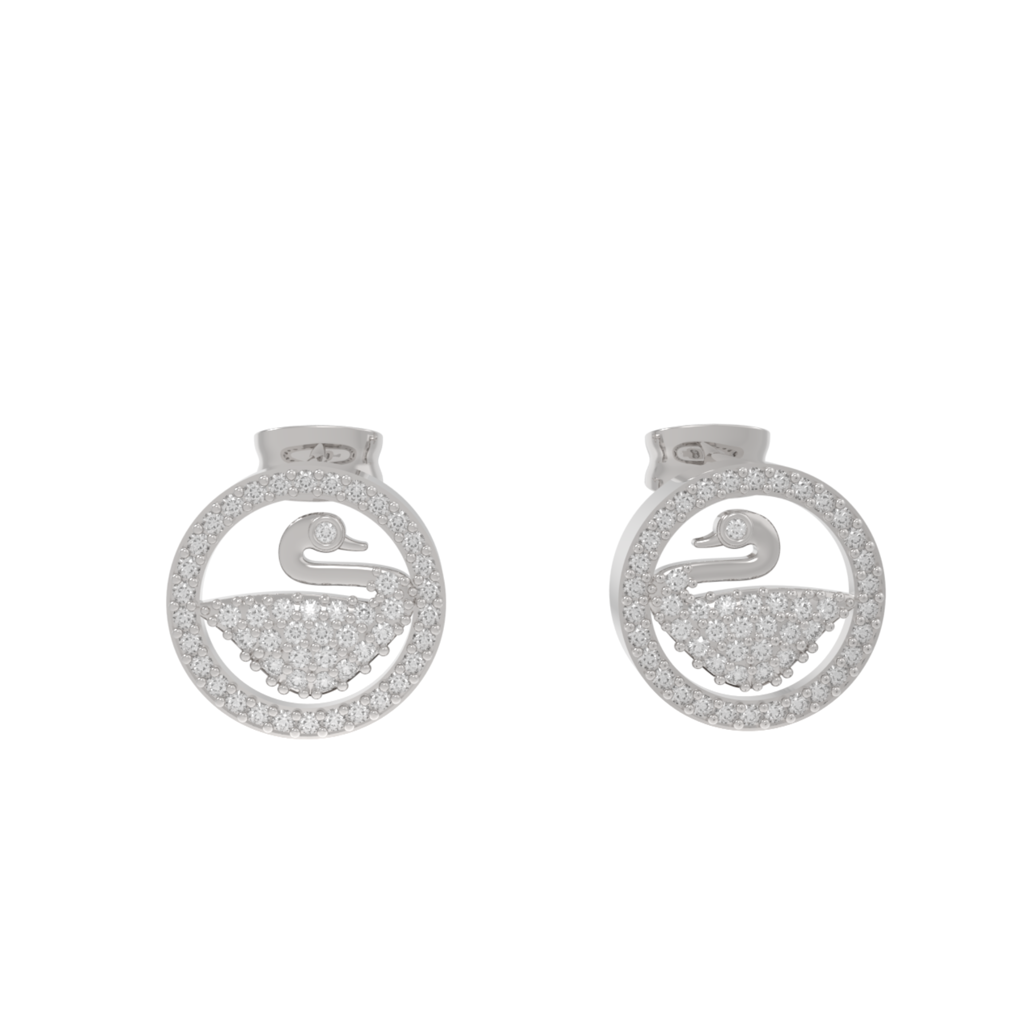Swan Accent Round Stud Earrings, Hallmarked 925 Sterling Silver